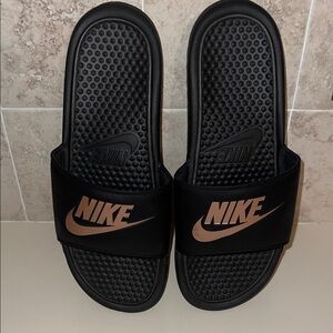 Nike Black Slides with Rose Gold Logo